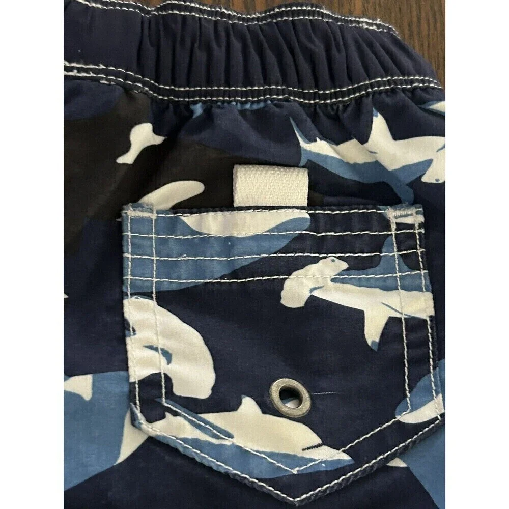 Hanna Andersson Shark Print Swim Shorts‎ Sz 2 / 80 cm Blue White Trunks toddler